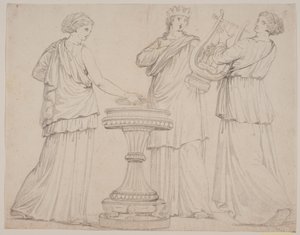 Tři ženy v řeckých rouchách u oltáře. Žena tv. s tabletou (?), uprostřed s korunkou, t.h. s lyrou (terpsichore?) od Jacques Francois Joseph Saly