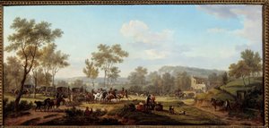 Závod v okolí Longchamps Attelages a jezdců na pařížském venkově. Obraz Jacques Francois Joseph Swebach Dit Fontaine (nebo Desfontaines od Jacques Francois Joseph Swebach