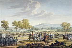 Manévrování císařské gardy v přítomnosti dvou císařů v Tilsitu, 28. června 1807, vyryto Edmem Bovinetem (1767-1832) (akvatinta) od Jacques Francois Joseph Swebach