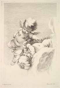 Dva Cupids, jeden drží věnec, střední k pozdní 18. století. od Jacques Gabriel Huquier
