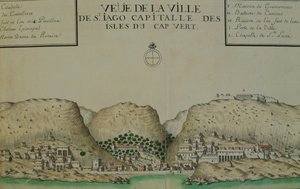 Město Saint Jago (Santiago) na Kapverdách, akvarel z lodního deníku vedeného Jacquesem Gouinem de Beauchesne, kapitánem lodi v jižních mořích v letech 1698 až 1701.