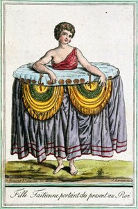 Mladá žena nabízí dary králi, Tahiti, Společenské ostrovy, rytina z Encyklopedie plaveb, od Jacquese Grasseta de Saint-Sauveur (1757-1810) od Jacques Grasset de Saint-Sauveur