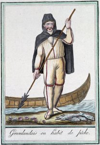 Gróňané v rybářském náčiní – v „“Encyclopédie des voyages”” od Grasset Saint Sauveur, ed. Paříž 1796 od Jacques Grasset de Saint-Sauveur