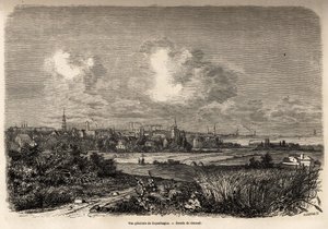 Celkový pohled na Kodaň, kresba Jacquese Guiauda (1810-1876), pro ilustraci cesty J. M. Dargauda do Dánska (1800-1860), v roce 1860. Rytina v „“Le tour du monde“, editoval Edouard Charton