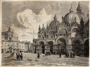 Náměstí a kostel sv. Marka (Svatého Marka), kresba Jacquese Guiauda (1810-1876), pro ilustraci cesty Adalberta de Beaumonta do Benátek kolem roku 1850. Rytina „“Le tour du monde““, editoval Edouard Charton od Jacques Guiaud