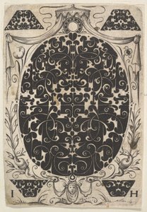 Oválný přívěsek zdobený Schweifwerkem, obklopený menšími motivy a korunovaný b..., ca. 1614-19.