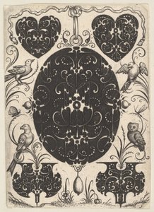 Oválný přívěsek zdobený Schweifwerkem, obklopený menšími motivy a čtyřmi ptáky, ca. 1614-19.