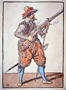 Arquebusier vyzbrojený mušketou matchlock, ilustrace z „Manual of Arms“