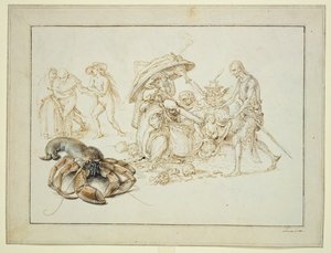 Humr a dvě čarodějnice, c.1602 (pero a akvarel na papíře) od Jacques II de Gheyn