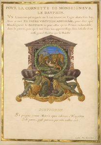 Paní 11 (4) f.5, znak pro Ludvíka XIV., kolem 1663-68 (kvaš a zlato na pergamenu) od Jacques I Bailly
