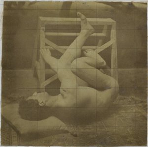 Studie mužského nahého modelu, ležícího s nohama opřeným o schodiště, v ateliéru Jacquese de Lalainga od Jacques Lalaing (attributed to)