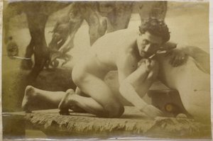 Studie modelu mužského aktu, ležícího na podlaze a zápasícího s figurínou, v ateliéru Jacquese de Lalainga, možná předběžná studie k obrazu Zápasníci od Jacques Lalaing (attributed to)