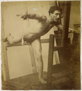 Studie modelu mužského aktu, nakloněného dopředu s pravou nohou dozadu, v ateliéru Jacquese de Lalaing od Jacques Lalaing (attributed to)