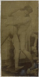 Studie modelu mužského aktu, stojícího a zápasícího s figurínou, v ateliéru Jacquese de Lalainga, možná předběžná studie k obrazu Zápasníci od Jacques Lalaing (attributed to)