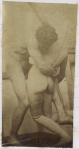 Studie modelu mužského aktu, stojícího a zápasícího s figurínou, v ateliéru Jacquese de Lalainga, možná předběžná studie k obrazu Zápasníci od Jacques Lalaing (attributed to)