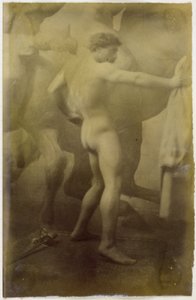Studie modelu mužského aktu, stojícího na pozadí monumentální nástěnné malby koní, v dílně Jacquese de Lalaing od Jacques Lalaing (attributed to)