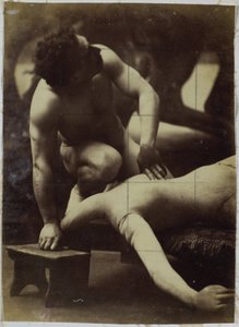 Studie mužského nahého modelu zápasícího s manekýnem v ateliéru Jacquese de Lalainga od Jacques Lalaing (attributed to)