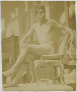 Studie modelu mužského aktu, sedícího na křesle a při pohledu zezadu, v ateliéru Jacquese de Lalainga od Jacques Lalaing (attributed to)