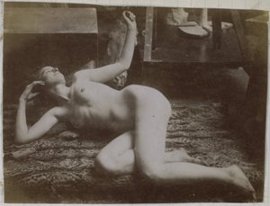 Studie nahé modelky ležící na tygří kůži v ateliéru Jacquese de Lalainga od Jacques Lalaing (attributed to)