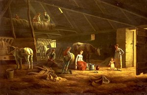 Dojička, farmáři a orat koně ve stodole od Jacques Laurent (circle of) Agasse