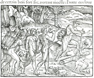 Domorodý Američan rozdělávající oheň po lovu, rytina Theodora de Bry (1525-75) od Jacques Le Moyne