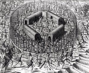 Johannes Staden pomáhá bránit indiány, kteří ho zajali proti Tuppin Tkins, vyryl Theodore de Bry (1528-98), z 