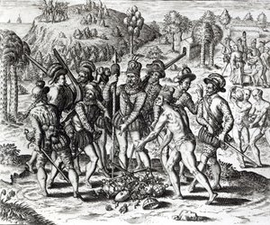 Španělé přijímající dary od indiánů, z „Historie“, 1598, vyryl Theodor de Bry (1528-98) od Jacques Le Moyne
