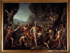 Leonidas k Thermopyls Epizoda bitvy u Thermopyl v roce 480 př. n. l., stojící proti Řekům proti Peršanům z Xerxa I., Leonidas I. král Sparty, drží se za ruce, sedí na skále, poblíž Herkulova oltáře, vzadu tlupa Sparťanů postupují do t od Jacques Louis David