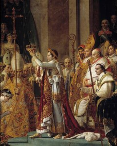 Napoleonův obřad. Detail Napoleona, který nosí korunu během Sacre of Emperor Napoleon I Bonaparte a korunovace Imperatrice Josephine v Notre-Dame de Paris 2. prosince od Jacques Louis David