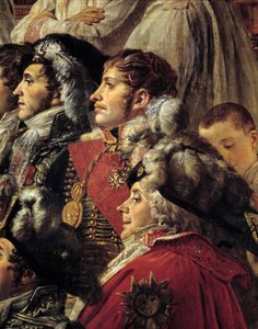 Napoleonův obřad. Detail představující Auguste Jean-Gabriel de Caulaincourt (1777-1809), Eugene Rose de Beauharnais dit Prince Eugene (1781-1824) a Charles Maurice de Talleyrandt-Perigord dit Talleyrand (1754-1838) během korunovace císaře Napoleona od Jacques Louis David