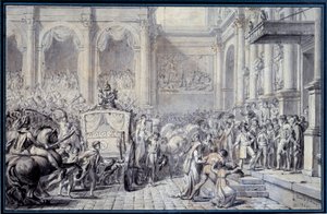 Příjezd kočáru císaře Napoleona I. (1769-1821) do Hotel de Ville de Paris dne 16.12.1804 u příležitosti jeho vlády Kresba Jacquese Louise Davida (1748-1825) 1804 Ne. 0,26x0,4 m Paříž, Musee du Louvre od Jacques Louis David