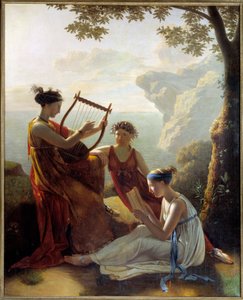 Řecká básnířka Sapho (Sappho) hrající na lyru a dva její společníci Obraz Jacques Louis Grandin (1780-?) 1808 Paříž, Musee Marmottan od Jacques Louis Michel Grandin