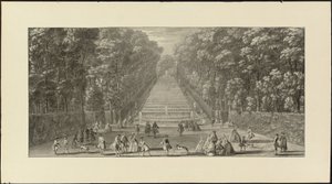 Vue de la Grande Cascade dans les jardins de Marly (černá křída, pero a černá tuš, šedý wash) od Jacques Rigaud