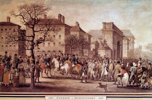 Francouzské tažení v roce 1814: „Vchod zajatců spojeneckých armád (včetně Ruska a Pruska do Paříže) v doprovodu Národní gardy pod velením Marechala Monceyho dne 9. 3. 1814““ Litografie Jacquese Swebacha-Desfontaines (1769- 1823) od Jacques Swebach Desfontaines