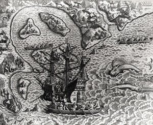 Johannes Staden přijíždí na neznámý ostrov, aby zjistil, že tam již jsou Portugalci, z Americae, 1593, napsal a vyryl Theodor de Bry (1528-98) od Jacques d.158788 after Le Moyne