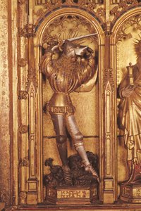 Oltářní obraz Ukřižování, detail sv. Jiří z levé desky, z kostela Chartreuse de Champmol, kolem 1391 (zlacené dřevo) od Jacques de Baerze or Baers
