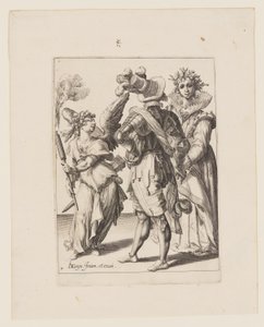 Amor se zavázanýma očima držící pochodeň před párem, z knihy Maškarády od Jacques de Gheyn II