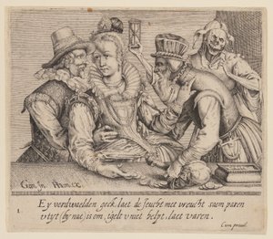 Mladá žena mezi mladým mužem a starým mužem, z knihy Nerovní milenci od Jacques de Gheyn II