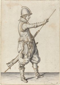 Elegantně oblečený voják pěchuje svůj kaliver od Jacques de Gheyn II