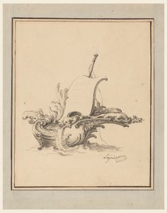 Kresba, Návrh na rozetový štít ve tvaru lodi s plachtou, pro Recueil Nouveau de Differens Cartouches, 1734 od Jacques de Lajoüe