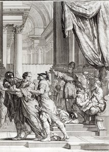 Jehoiada, jeruzalémský velekněz Prohlašující prince Joaše za judského krále, scéna z „Athalie“ od Jeana Racina (1639-99) vyrytá Jean-Jacquesem Flipartem (1719-82)