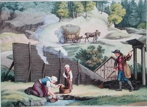 Výroba dřevěného uhlí v Rakousku, ilustrace z „Voyage Pittoresque en Austria“ od Alexandra de Laborde, vydané v Paříži 1821 (barevná rytina) od Jakob (after) Gauermann