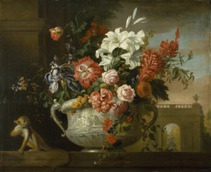 Zátiší s květinami v urně, s opicí, na římse, kolem 1699 (olej na plátně) od Jakob Bogdani or Bogdany