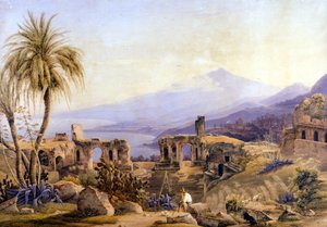 Taormina na Sicílii: ruiny a Etna. Obraz Jacoba Sutera, asi 1850. od Jakob Suter