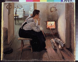 ""Myšlenky u plotny"" (Myšlenky u plotny) Mladá žena sedí zamyšleně před ohněm. Obraz Jakova Kaliničenka (1869-1938) 1897 Státní oblastní muzeum umění I. Pozhalostina, Rjasan