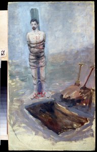 Ruská revoluce z roku 1905: ""Poprava"" Odsouzenec přivázaný ke sloupu poblíž vykopaného hrobu. Obraz Jakova Kaliničenka (1869-1938) 1905 Státní oblastní muzeum umění I. Pozhalostina, Rjasan