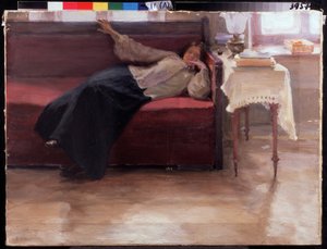 "" Sny "" Mladá dívka se prodloužila na gauči. Jakov Kalinichenko Painting (1869-1938) 1904 Státní regionální I. Pozhalostin Art Museum, Ryasan
