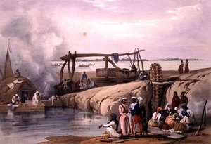 Scéna na řece Sutlej, v Paňdžábu, z „Sketches in Afghanistan“, vyryla Charles Haghe (1810-88) a Louis Haghe (1806-85), vydal Henry Graves