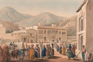 „Durbar-Khaneh of Shah Shoojah-ool-Moolk, v Cabaul [sic]“, kolem roku 1840 (litografie, tónovaná) od James (after) Atkinson
