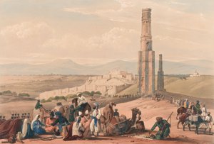 Pevnost a citadal Ghuznee [sic] a dva minary, kolem roku 1839 (litografie, tónovaná)